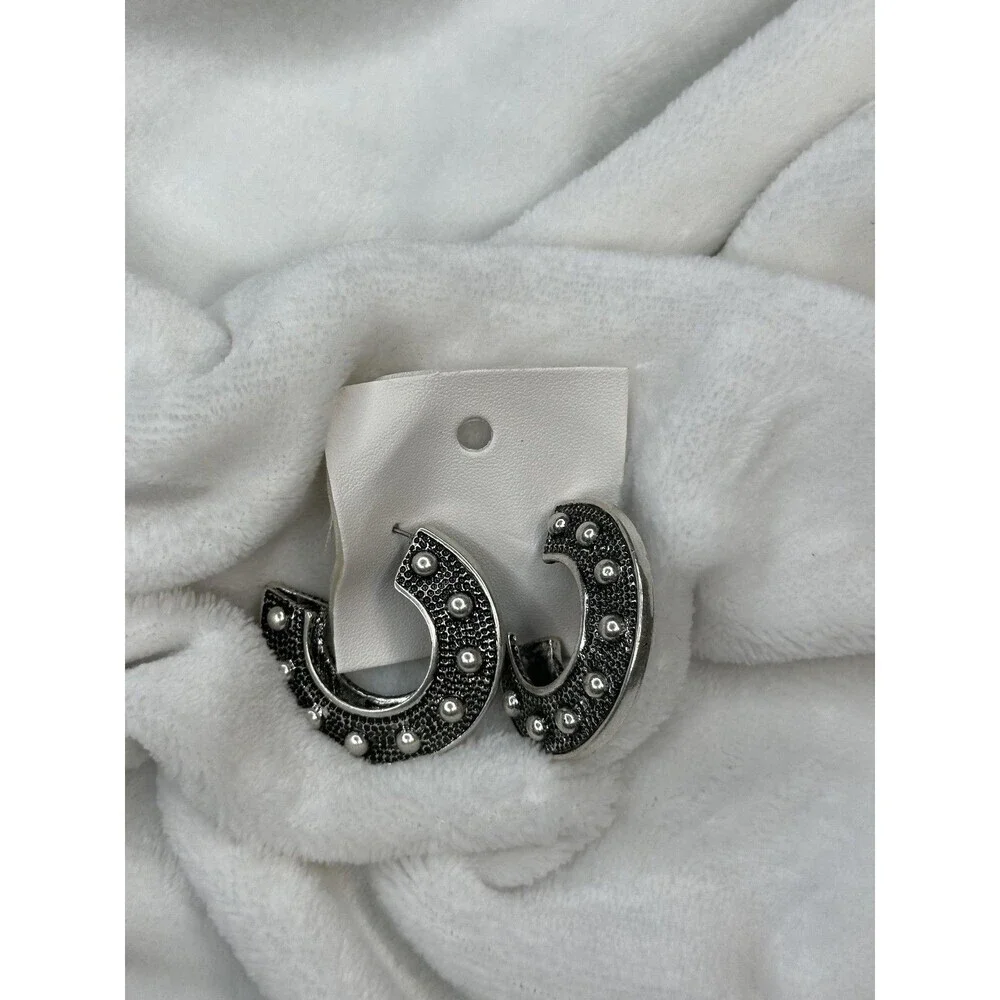 NEW Free People Hoop Earrings Textured Metal Studded Silver Boho Jewelry Set